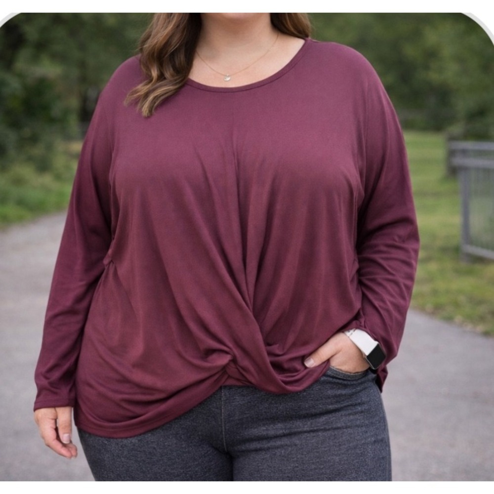 Tahari Sport Twist‎ Front Long Sleeve Top Burgundy Plus Size 3X